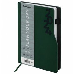 Ежедневник датированный 2024 А5 138x213 мм BRAUBERG "Up", под кожу софт-тач, держатель для ручки, зеленый, 114910
