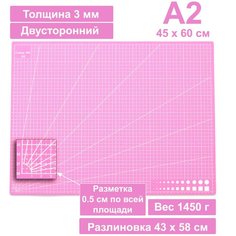 Коврик для резки двусторонний А2 450 х 600 мм розовый / Мат для резки непрорезаемый для раскройного ножа Patchy