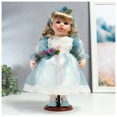 Кукла коллекционная керамика "Флора в бело-голубом платье и лентой на голове" 30 см Noname