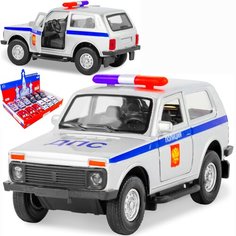 Металлическая машинка 1:32 Служебная Лада Нива 12 см, свет и звук, инерционная / Серебристый Denco.Store