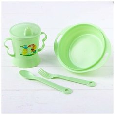 Набор детской посуды, 4 предмета: миска, ложка, вилка, поильник с твёрдым носиком 200 мл, цвета Нет бренда