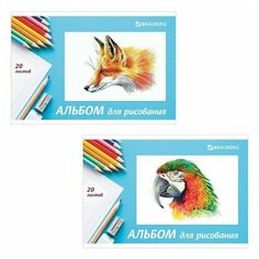 Альбом для рисования, А4, 20 л, скоба, обложка картон, BRAUBERG, 200х283 мм, "Я рисую мир" (2 вида), 104872