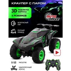Машинка детская на радиоуправлении ТМ AUTODRIVE, с функцией водяного пара, М1:12, подсветка корпуса и пара, пульт управления, зеленый, JB0404786