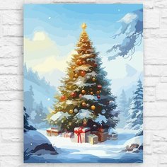 Картина по номерам на холсте новый год деревянный зеленый дракон (снег, зима, елка, подарки) - 12807 40х30 Бруталити