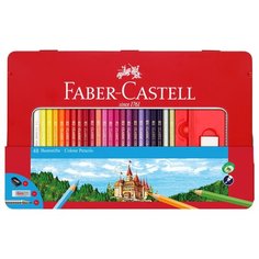 Карандаши цветные Faber-Castell "Замок", 48цв, трехгран, заточ.+2ч/г кар. Grip+ластик+точилка, метал. коробка Нет бренда