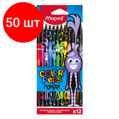 Комплект 50 шт, Карандаши цветные MAPED COLOR PEPS Black Monster, набор 12 цветов, пластиковый корпус, 862612