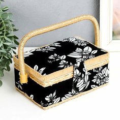 --- Шкатулка для рукоделия "Белые цветы на чёрном" 9,5х19,5х13 см