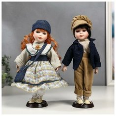 Кукла коллекционная парочка набор 2 шт Злата и Сева в синих нарядах в полосочку 30 см Нет бренда