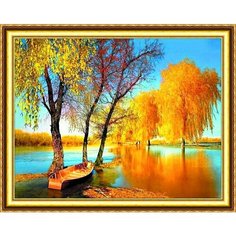 Алмазная мозаика на подрамнике полная выкладка круглые стразы 40*50 "Лодка на пруду с золотыми деревьями" Нет бренда
