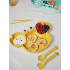 Детская посуда Набор Крабик детская тарелка, ложка, вилка, желтая Добрый Филин