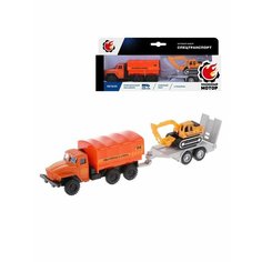 Набор машин Грузовик с прицепом Строительный металлический, инерционный, съемный тент, экскаватор металлический Пламенный мотор 870835