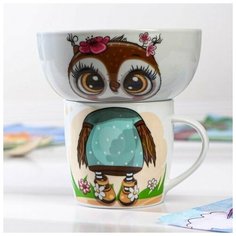 Набор детской посуды "Совенок", 2 предмета: кружка 230 мл, миска 400 мл Доляна