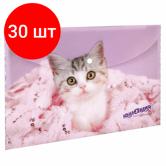 Комплект 30 шт, Папка-конверт с кнопкой юнландия "Котенок", А4, 160 мкм, до 100 листов, цветная печать, 228049