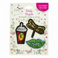 Многоразовые стикеры для одежды Lukky Fashion Шайн Дизайн 3 шт (кофе, стрекоза, губы)