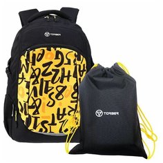 Школьный рюкзак TORBER CLASS X, черно-желтый с принтом "Буквы", полиэстер 900D, 46 x 32 x 18 см, 21 л +Мешок для сменной обуви в подарок!
