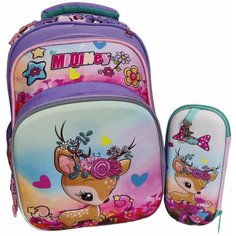 Школьный рюкзак для девочки с пеналом, сиреневыйРюкзак с олененком. Школьный портфель для девочки Lukky