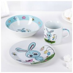 Набор детской посуды из керамики Доляна «Крош», 3 предмета: кружка 230 мл, миска 400 мл, тарелка d=18 см