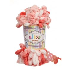 Пряжа Alize Puffy Color/Ализе Пуффи Колор/ 9м, 100г / 5922 белый-коралл- 1 шт