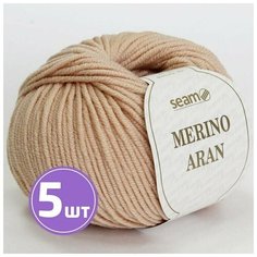 Пряжа для вязания крючком спицами SEAM Сим Сеам Merino Aran средняя, шерсть мериносовая 100%, цвет 26 светло-бежевый 5 шт. по 50 г, 87 м
