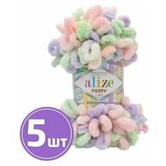 Пряжа Alize Ализе плюшевая, Puffy color, толстая, микрополиэстер 100%, цвет 5938, сиренево-мятный меланж, 5 шт. по 100 г, 9 м