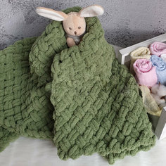 Плед вязаный детский из плюшевой пряжи 80*80 см, зеленый. Одеяло. Покрывало. Конверт на выписку для новорожденного. Alize Puffy Mamadoma