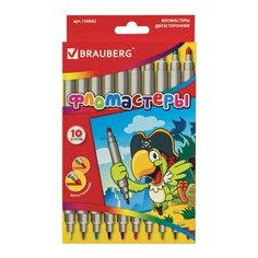 Фломастеры BRAUBERG 10 цветов двухсторонние 2 пишущих узла 2 и 5 мм вентилируемый колпачок картонная упаковка, 6 шт