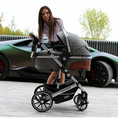 Универсальная коляска "Ining baby KJ242" для детей 0-3 года с сумкой, подстаканником и капюшоном, серая