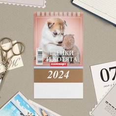Календарь настольный, домик "Щенки и котята" 2024, 10х14 см Россия