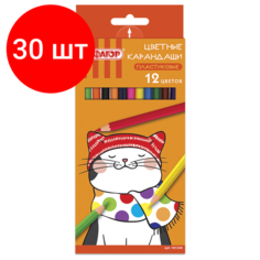 Комплект 30 шт, Карандаши цветные пифагор "котик", 12 цветов, пластиковые, классические заточенные, 181340