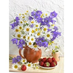Алмазная мозаика 40x50 см. на холсте с подрамником (картина стразами, алмазная вышивка) Натюрморт ромашки, колокольчики и клубника Boom Boom Shop
