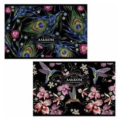 Альбом для рисования, А4, 40 л, скоба, тиснение фольгой, TWIN, пзбм, 205х295 мм, "Японская вышивка" (2 вида), 046795 Полотняно Заводская Бумажная Мануфактура