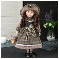 --- Кукла коллекционная керамика "Юлечка в светло-карамельном платье и в шляпке" 40 см