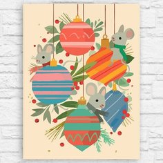 Картина по номерам на холсте новый год рождество (мышки, милота, крыски, елочные игрушки) - 12955 40х30 Бруталити
