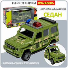 Военная машинка для мальчиков джип с мигалкой Bondibon "Парк техники" инерционная детская игрушка армейский внедорожник, зеленый