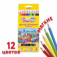 Карандаши цветные 12 цветов Юнландия "Домики" (L=176мм, пластик, мягкий грифель, d=3мм) (181836), 12 уп.