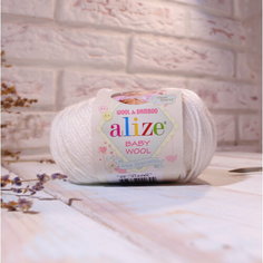 Пряжа для вязания ALIZE BABY WOOL, Детская: 55 белый, 1 шт, 175 м, 50 г, 40% шерсть, 20% бамбук, 40% акрил