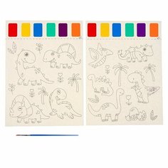 Раскраска «Динозавры», 2 листа, 6 цветов краски, кисть, 3 штуки Noname