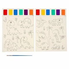 Раскраска «Динозавры», 2 листа, 6 цветов краски, кисть, 3 штуки Noname