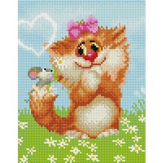 Алмазная мозаика Белоснежка "Рыжая кошечка" / Набор алмазной мозаики 20х25 см / На холсте / Полная выкладка / Котик / Мышка / Поле / Животные