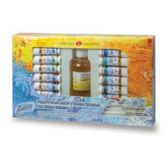 Краски масляные художественные "Ладога", 12 цветов по 18 мл + масло льняное 120 мл + 2 кисти, 1241967