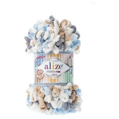 Пряжа Alize Puffy Fine Color (Пуффи Файн Колор) - 3 мотка цвет: 5946 Бежевый / белый / голубой / серый 100% микрополиэстер 100г 14м