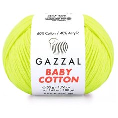 Пряжа Gazzal Baby Cotton (Газзал Беби Коттон) - 2 мотка Неоново-Желтый (3462) 60% хлопок, 40% акрил 165м/50г