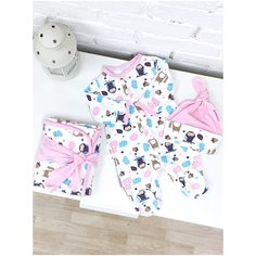 Комплект летний "Сказочный лес " розовые : плед, лента, комбинезон, шапочка СуперМаМкет