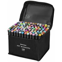Маркеры / фломастеры для скетчинга / скетчмаркеры для рисования на бумаге двусторонние, Набор 120 штук, текстильный чехол, Brauberg Art Debut, 152234