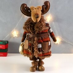 Кукла интерьерная "Лось в полосатом пальто с мешком подарков" 26х20х51 см 7669172 Сима ленд