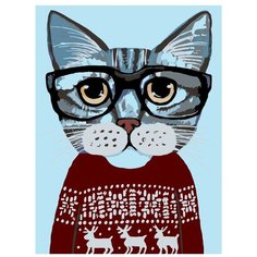 Картина по номерам, "Живопись по номерам", 75 x 100, A195, котёнок, кот, очки, свитер, Рождество, праздник, животное