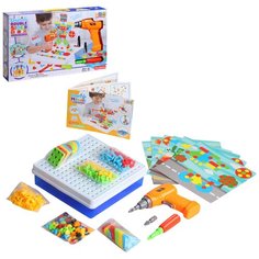 Развивающая игрушка для детей "Развивающий конструктор-мозаика 6 в 1", игрушечный шуруповерт, игрушечная отвертка, настольная игра, 261 деталь, на батарейках, обучающая игрушка, развивает моторику, мышление, цветовосприятие, в чемодане , в/к 40*7.8*25 Компания друзей