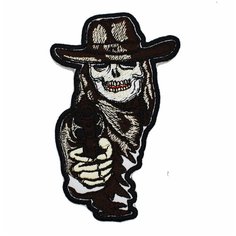 Шеврон, нашивка, патч, термоаппликация на клеевой основе, Скелет с револьвером. Размер 120x65 мм. Мега Принт