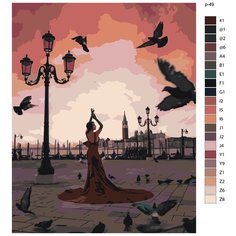 Картина по номерам, 48 x 60, IIIR-p-49, город, уличные фонари, птицы, закат, "Живопись по номерам", набор для раскрашивания, раскраска