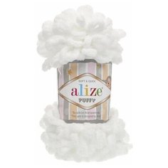 Пряжа плюшевая Alize Puffy (Ализе Пуффи) - 2 мотка 55 белый для вязания руками, гипоаллергенная, большие петли (4см), 9м/100г